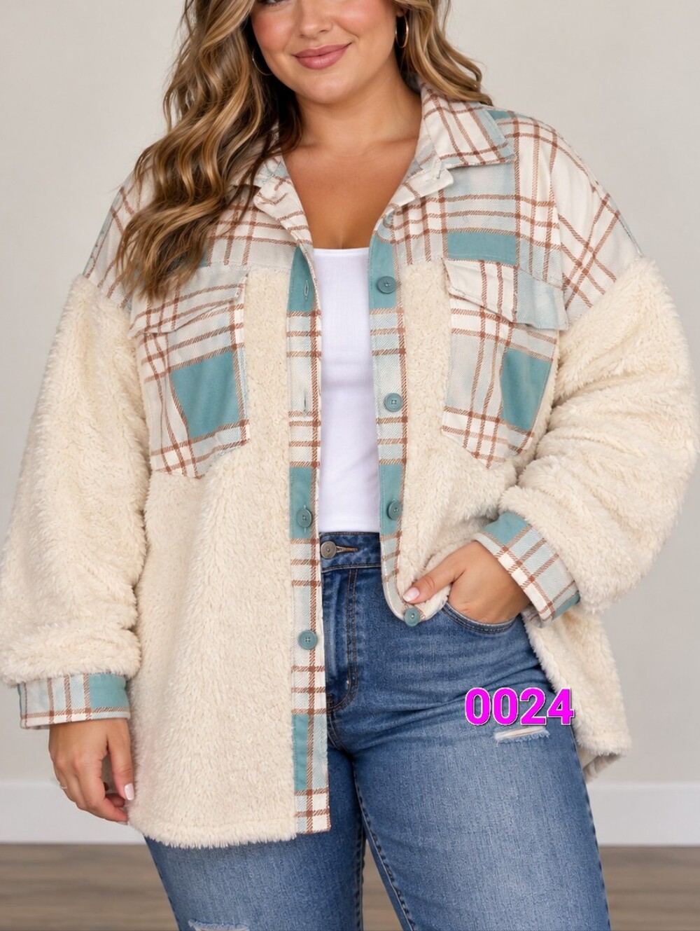 Cozy Plaid Sherpa Jacket - Cream & Teal - XL